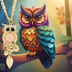 Owl Pendant Necklace Earrings Set Women Multi-Strand Chain Colored Bead Goldtone
